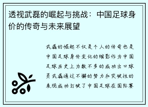透视武磊的崛起与挑战：中国足球身价的传奇与未来展望