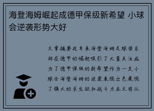 海登海姆崛起成德甲保级新希望 小球会逆袭形势大好 海登海姆崛起成德甲保级新希望 小球会逆袭形势大好